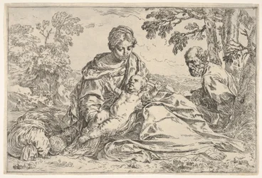 Rest on the flight into Egypt, Mary holding the infant Christ with St. Joseph, ca. 1640 or after