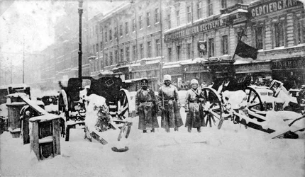 Revolutionary barricades on Liteyny Prospekt, Petrograd, Russia, 27 February 1917