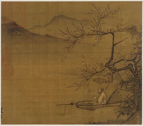 River landscape: a man reading in a boat moored under a blossoming tree, Ming dynasty, 1368-1644.
