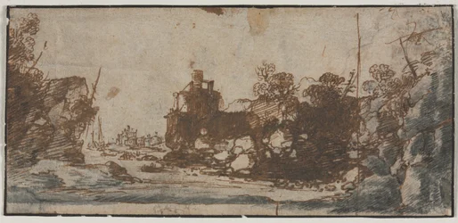 Rocky Inlet with Boats and Buildings (recto), Sketches of Castles (verso), 1600s