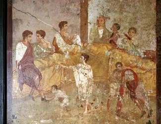 Roman wallpainting of a dinner-party, Pompeii, Italy