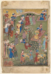 Royal Feast in a Garden recto from the double-page frontispiece of a Shahnama