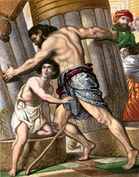 Samson pulling down the Temple of Dagon, god of the Philistines