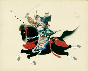 Samurai Warrior riding a horse. A Japanese painting on silk, in a traditional Japanese style