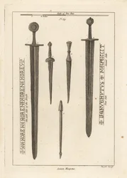 Saxon weapons: ancient iron sword and dirks and daggers found in the River Wytham, Lincolnshire, and a crossbow bolt found in the camp at Danbury, Essex