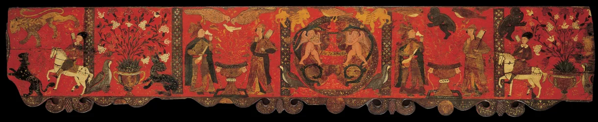 Section of wood panelling with decorative painting