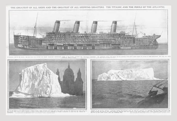 Sectional diagram of the Titanic, and icebergs, April 20, 1912