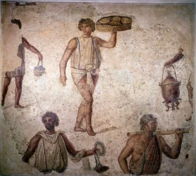 Servants or Slaves Making Preparations for a Feast, Mosaic, Carthage