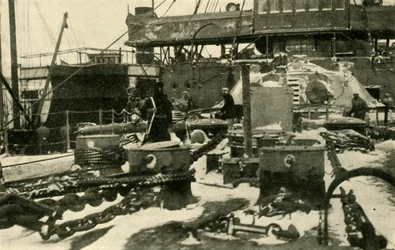 Ship supplying coal in freezing conditions, First World War