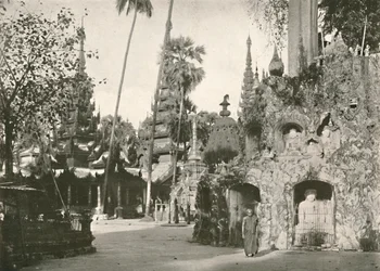 Shrines at the Shwe Dagon Pagoda, Rangoon, 1900