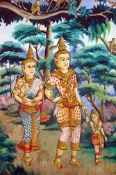 Siddhartha Gautama, his wife Yashodhara and his son Rahula. Painting depicting the life story of Shakyamuni Buddha. Wat Naxai. Vientiane. Laos, 20151106, Vientiane, Laos