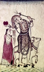 Siva, Followed by His Consort Parvati, Walking with the Bull, Nandi