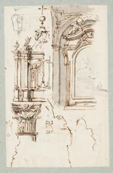 Sketches of an Altar, a Chapel Section, a Capital and Profiles of Cornices