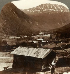 Snowy Heights of Mt. Gausta Above Quiet Homes in Maan Valley, Norway, c1905