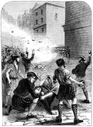 Soldiers firing on rioters during the insurrection at Glasgow, 1706, 19th century