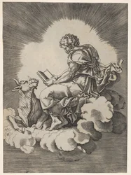 St. Luke, Seated on a Cloud with an Open Book in Both Hands, a Bull Lying at His Feet