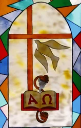 Stained glass: Christian symbols, Togoville, Togo
