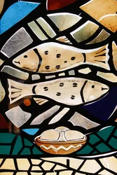 Stained glass: Christian symbols: the fish, symbolizing early Christians, Togoville, Togo