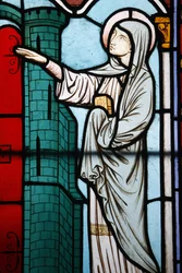Stained glass in Notre Dame cathedral cloister: the story of Saint Genevieve, patron saint of Paris, Paris, France