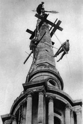 Steeplejacks on the spire of All Saints Church, Poplar, London