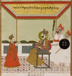 Surat Singh Sits on a Lion-Armed Throne and Receives His Young Son, c1800