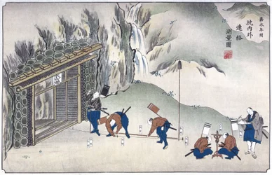 Surveying the entrance to a mine, Japan, c 1850