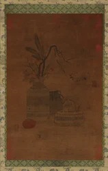 Tapestry: A Bowl, Two Jars, Flowers, and Fruit