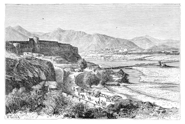 The Citadel of Attock and a bridge of boats over the Indus, Pakistan