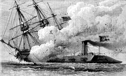 The Confederate Ironclad Merrimac Sinking the USS Cumberland, 1862 c1880