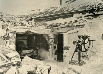 The Motor Car in the Garage, and Maize-Crusher on the Right, c1908, 1909