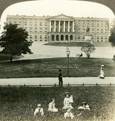The Royal Palace S.E. facade and statue of King Charles XIV. Bernadotte Christiania, Norway