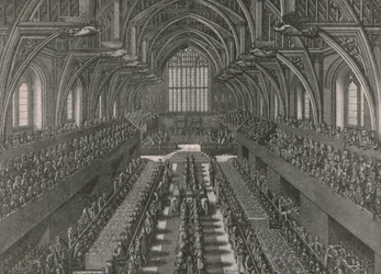 The banquet in the Great Hall at the Palace of Westminster...coronation of James II in 1685, 1902.