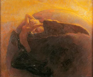 The Golden Sun Awakens the Moon Depicted as a Winged Woman