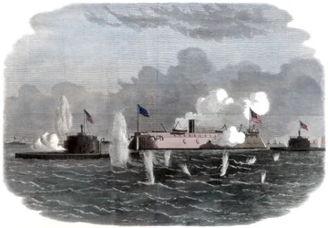 The Iron-Clad Frigate, New Ironsides, and Two Ericsson Batteries Going into Action at Charleston