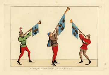 Three heralds with trumpets adorned with fleur-de-lis standards
