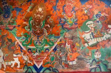 Tibetan Buddhism; old wall painting in the assembly hall; demon fighting with bows and arrows; Trakthok Gompa Monastery; Sakti near Leh; Ladakh district; Jammu and Kashmir; India; South Asia; Asia