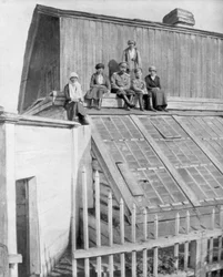 Tsar Nicholas II and his children sitting on a greenhouse, Tobolsk, Siberia, Russia, 1917
