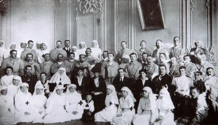 Tsarina Maria Fyodorovna of Russia visiting a hospital in Kiev, 1915
