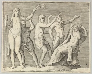 Two Figures, a Faun, and a Satyr Approach a Reclining Woman
