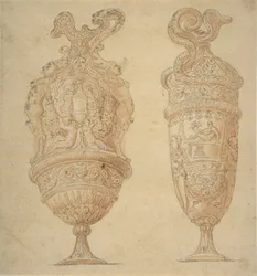 Two Urns Decorated with Human Figures, Animals and Garlands