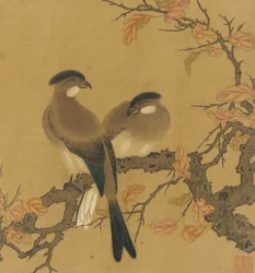 Two Crested Birds on a Branch, Autumn Leaves