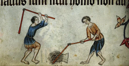 Two men threshing sheaf from the Luttrell Psalter, ca 1330