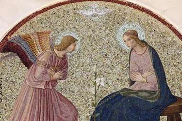 Tympanum mosaic depicting the Annunciation in Madonna della Scala Benedictine abbey, Noci, Apulia, Noci, Italy