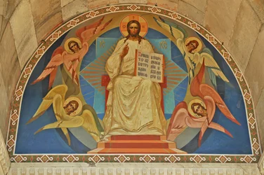 Ukraine, Sevastopol, St Vladimir’s Orthodox Cathedral (burial vault of admirals), fresco above entrance