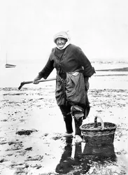 United Kingdom: An Old Lady Collecting Cockles on the Sea Shore. c. 1890