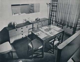 View in the living-dining room designed by Gilbert Rohde