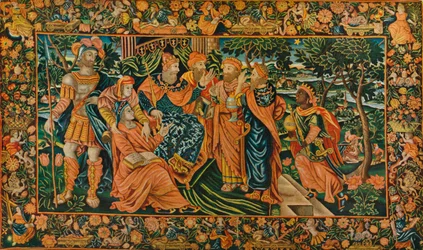 Visit of the Magi to Herod: Elizabethan Petit-Point Panel