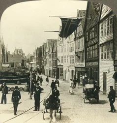 Warehouses along the quay in old town Bergen, for centuries the great fish mart of Norway, c1905