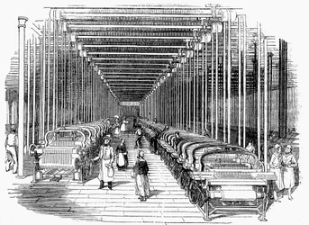 Weaving Shed Fitted with Rows of Power Looms Driven by Belt and Shafting, c1840