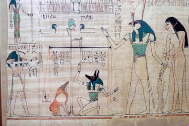 Weighing of the heart of the deceased against the feather of truth from the Egyptian Book of the Dead